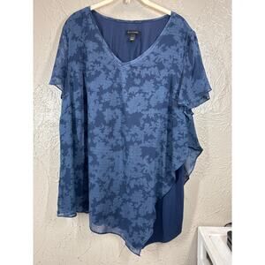 H by Halston Printed Chiffon Overlay Top with Flutter Sleeve Blue Womens Size XL